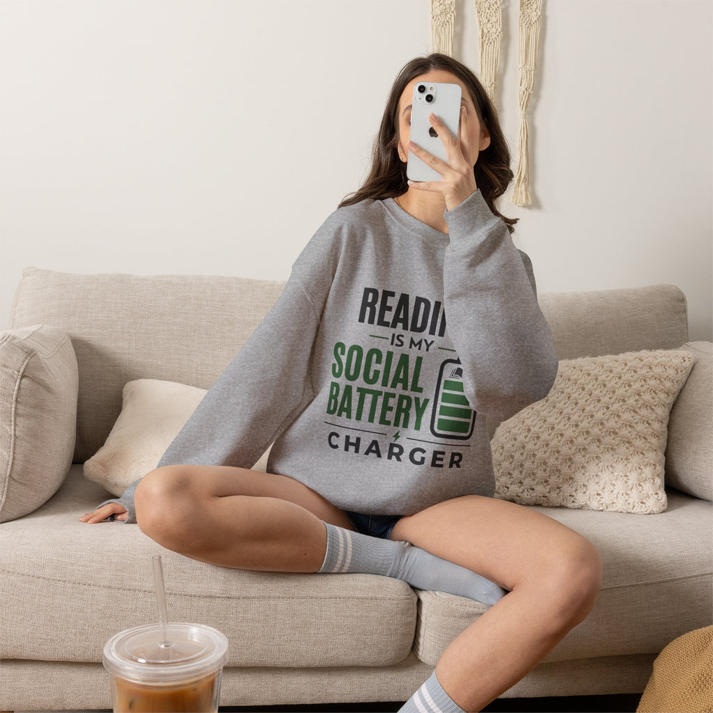 “Reading Is My Social Battery Charger” Cozy Reader Sweatshirt