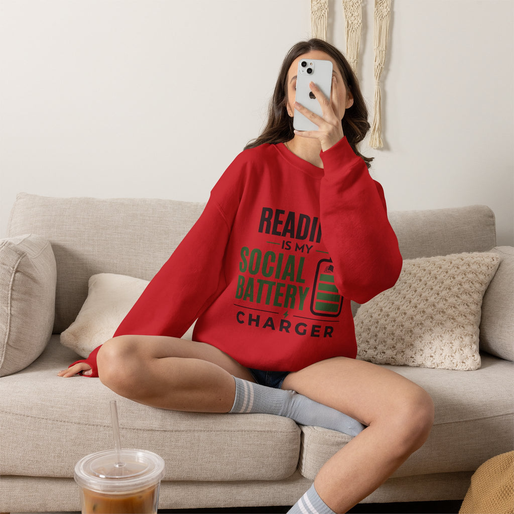 “Reading Is My Social Battery Charger” Cozy Reader Sweatshirt