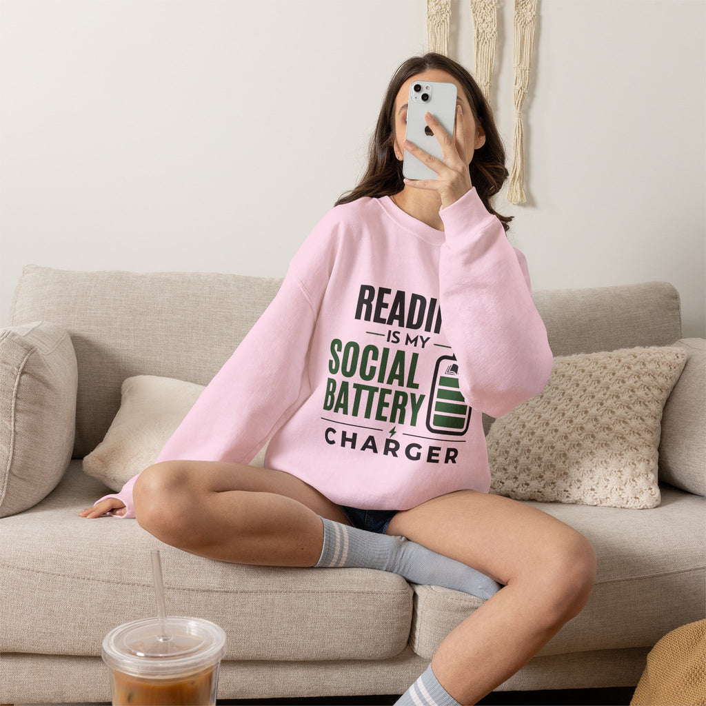 “Reading Is My Social Battery Charger” Cozy Reader Sweatshirt