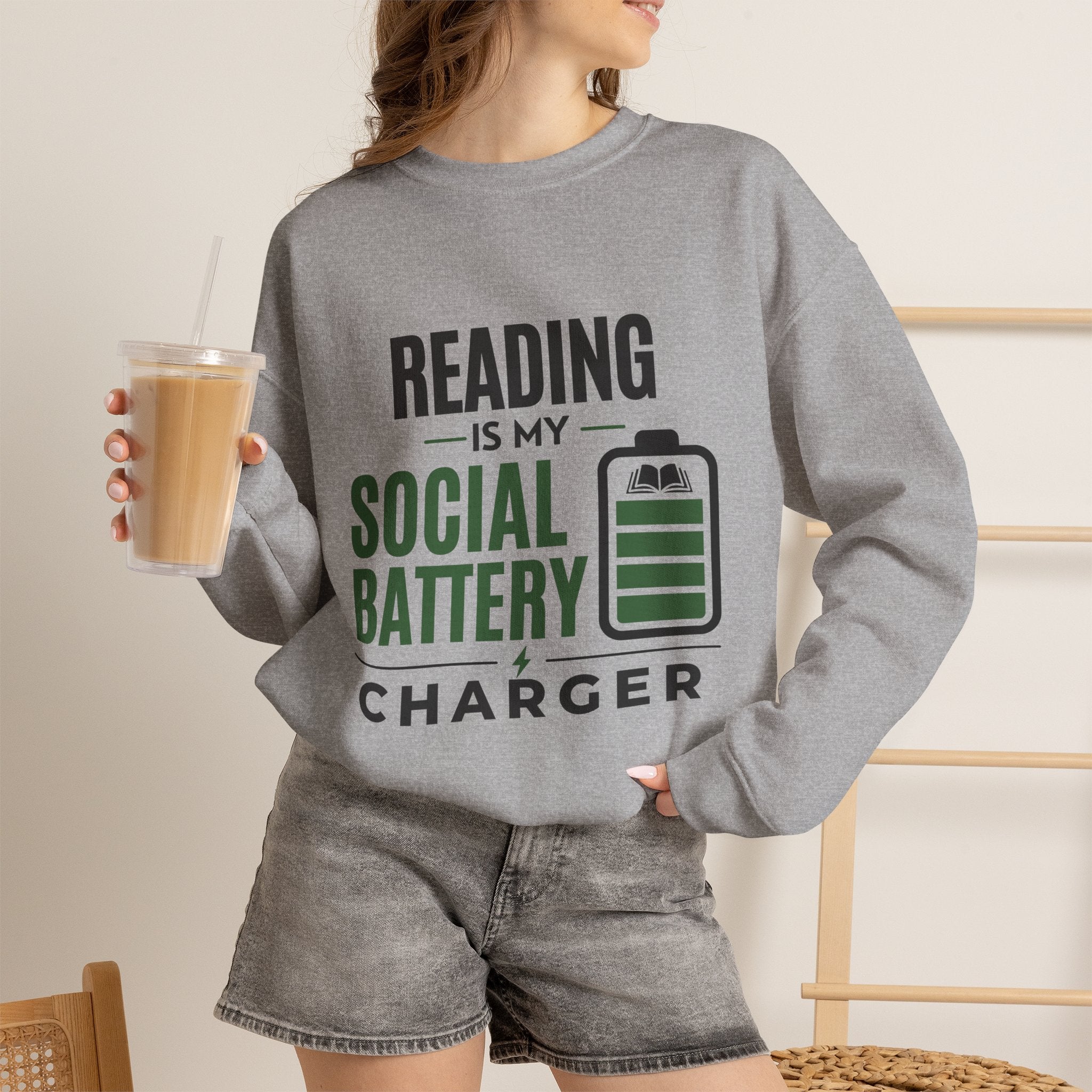 “Reading Is My Social Battery Charger” Cozy Reader Sweatshirt
