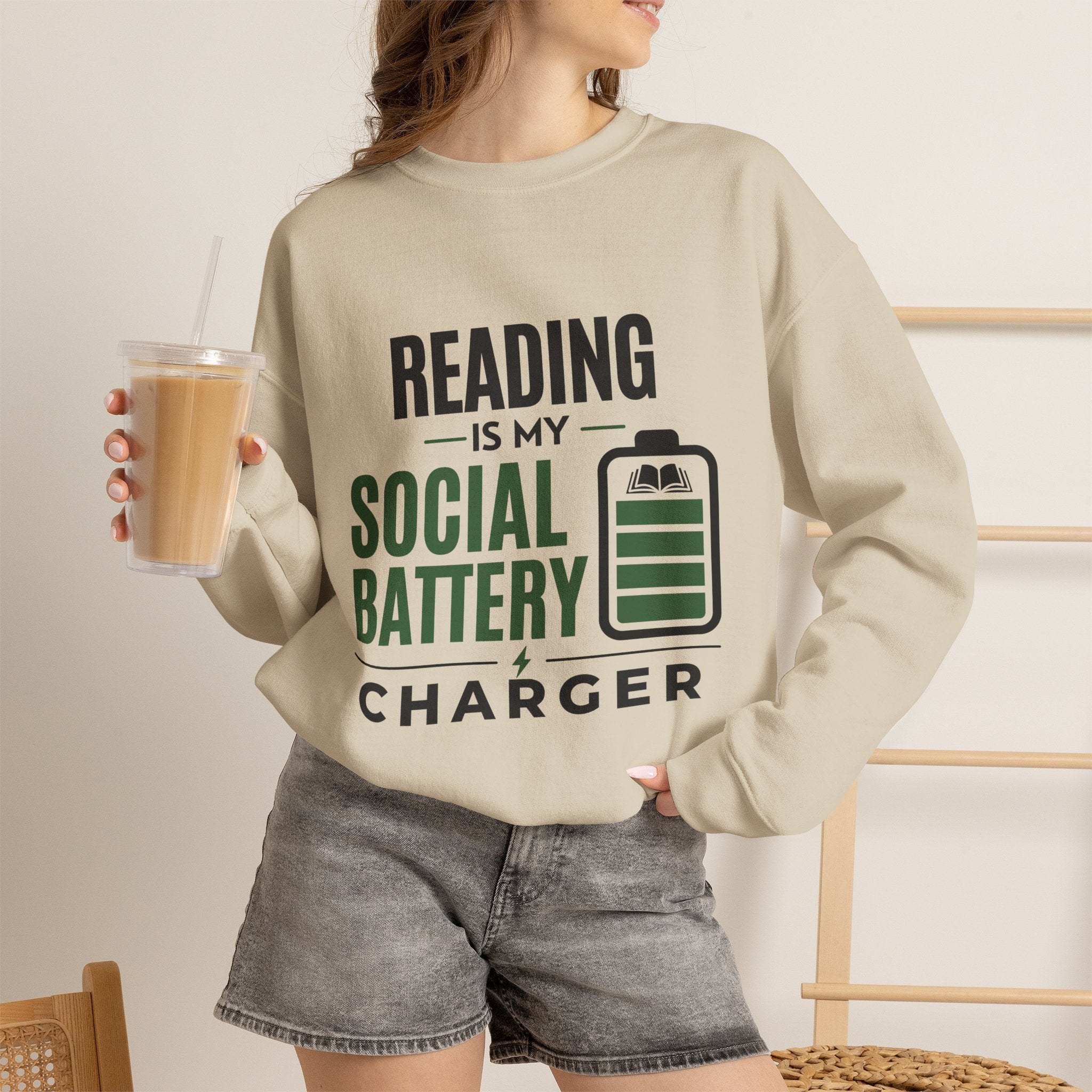 “Reading Is My Social Battery Charger” Cozy Reader Sweatshirt
