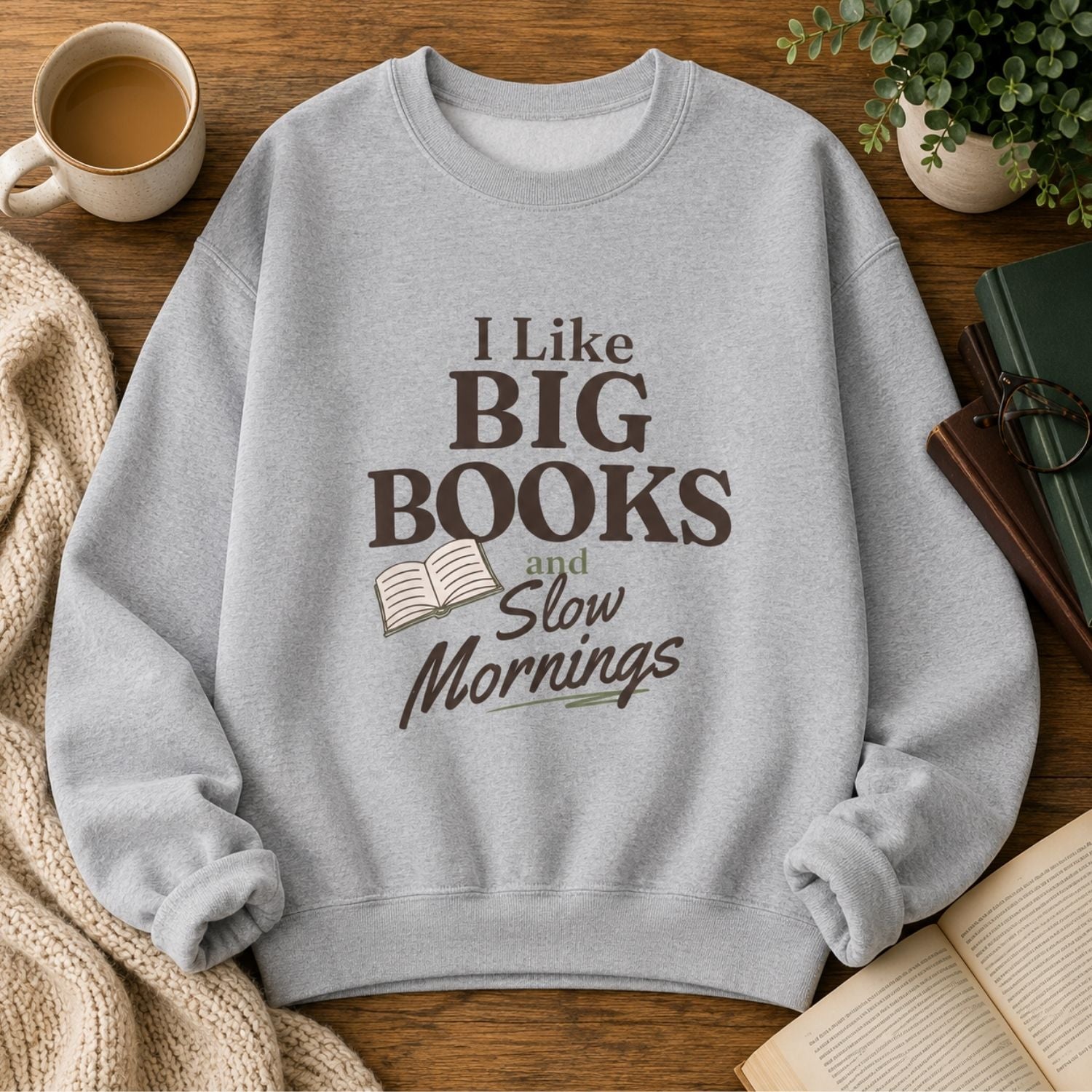 “I Like Big Books and Slow Mornings” Cozy Reader Sweatshirt