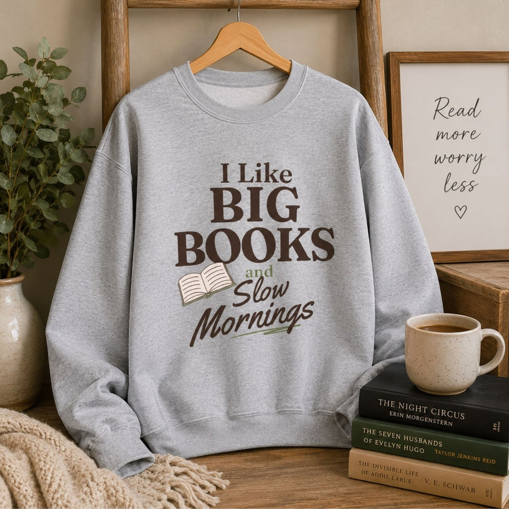 “I Like Big Books and Slow Mornings” Cozy Reader Sweatshirt