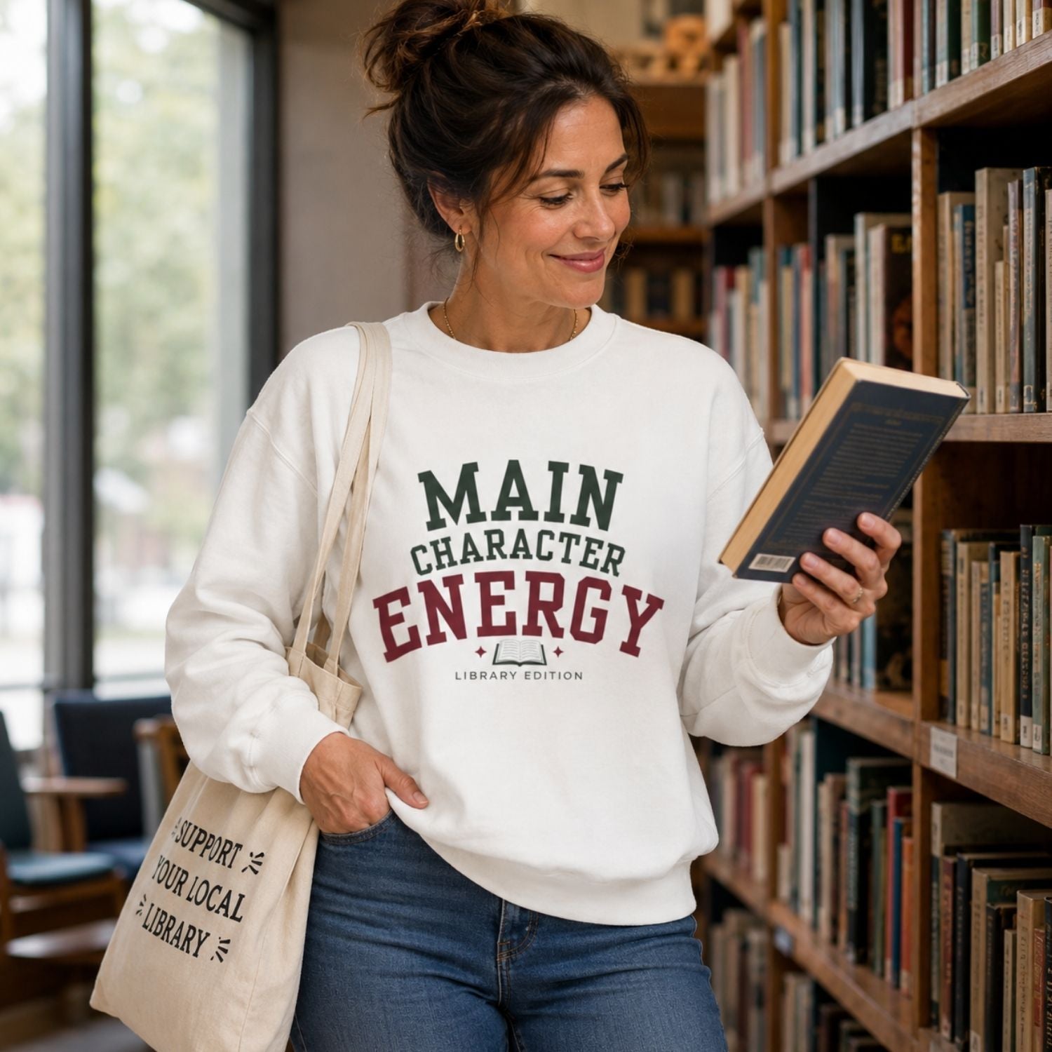 “Main Character Energy: Library Edition” Cozy Reader Sweatshirt