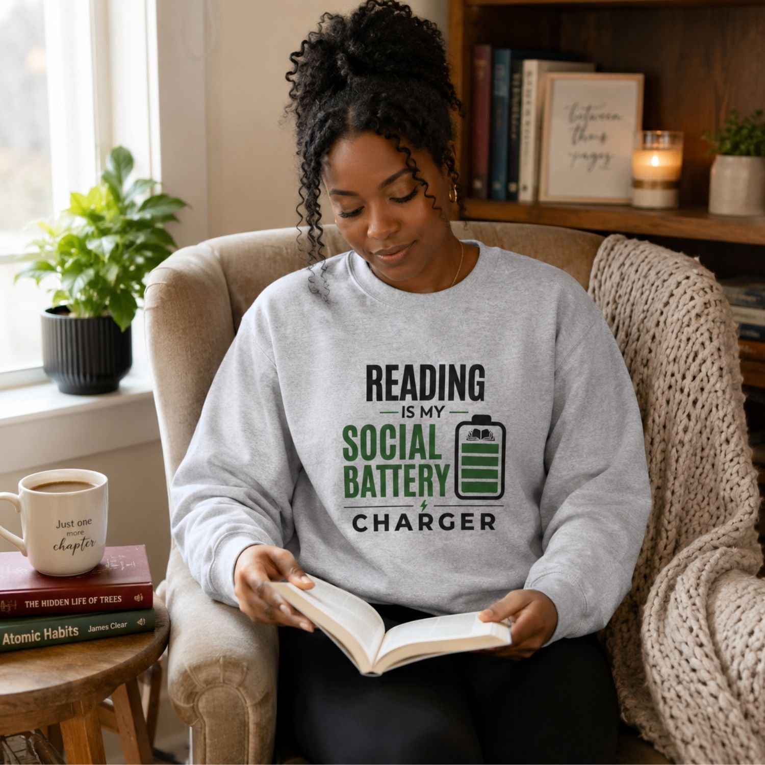 “Reading Is My Social Battery Charger” Cozy Reader Sweatshirt