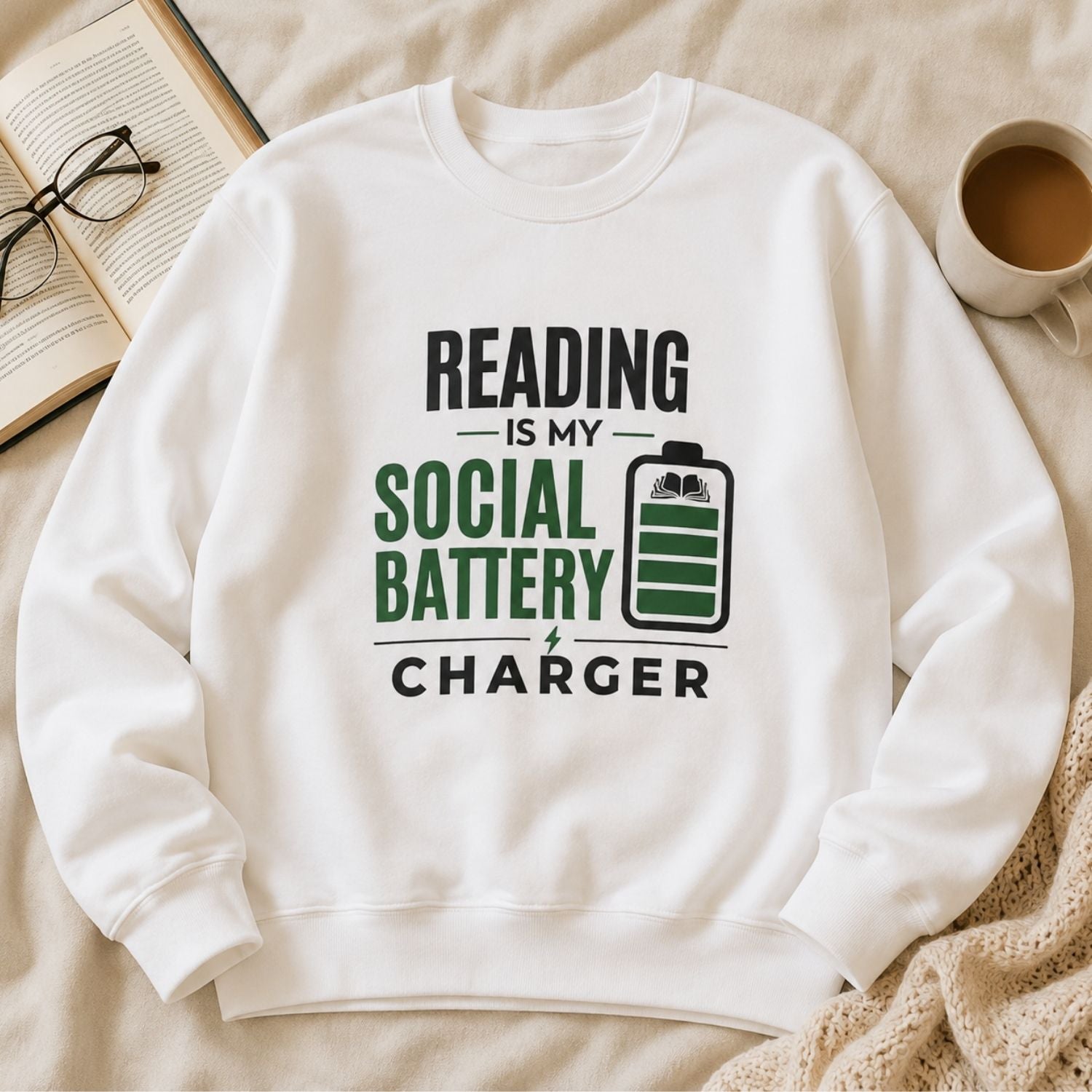 “Reading Is My Social Battery Charger” Cozy Reader Sweatshirt