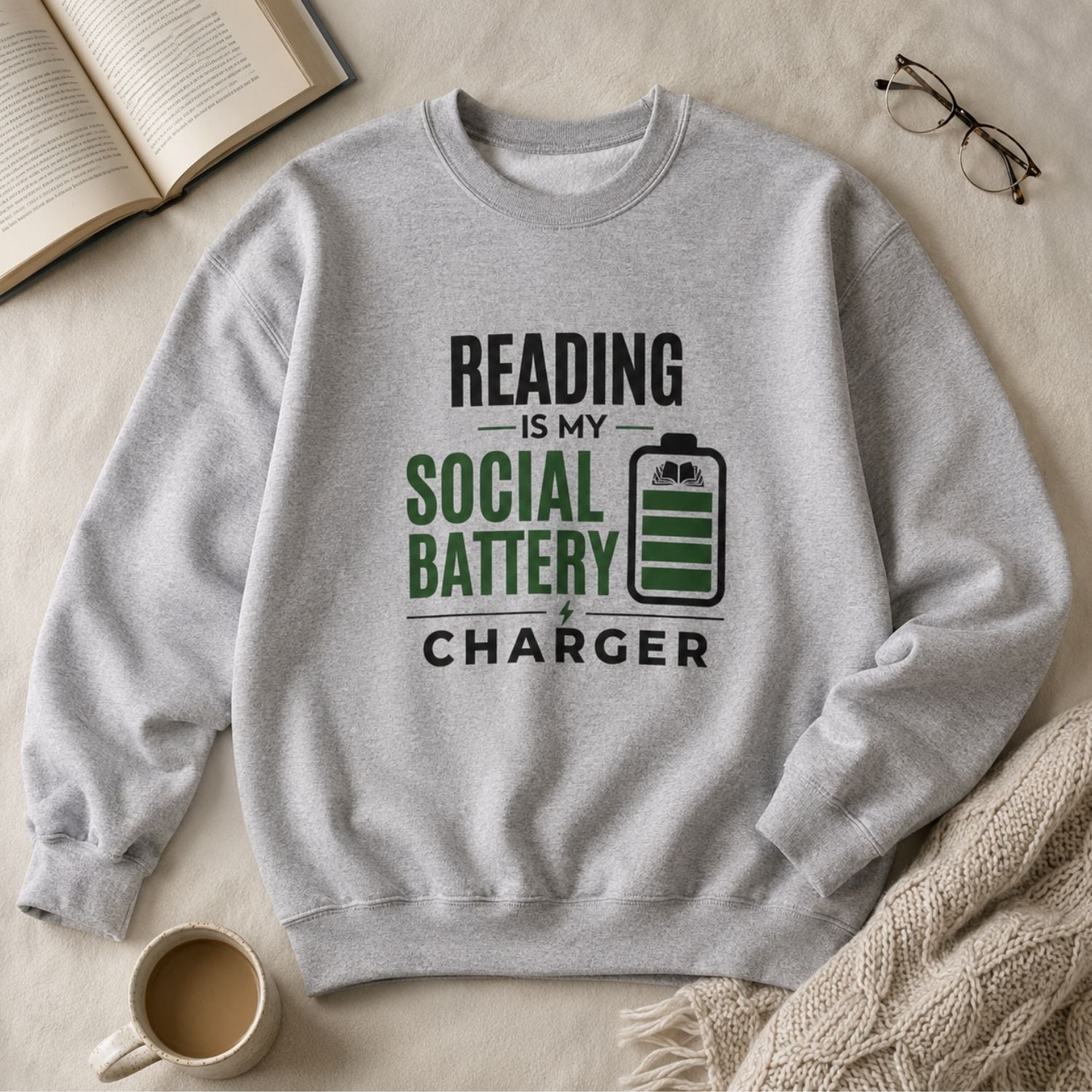 “Reading Is My Social Battery Charger” Cozy Reader Sweatshirt