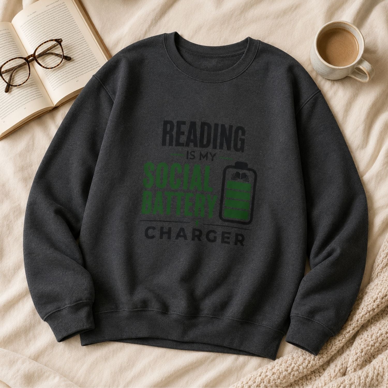 “Reading Is My Social Battery Charger” Cozy Reader Sweatshirt