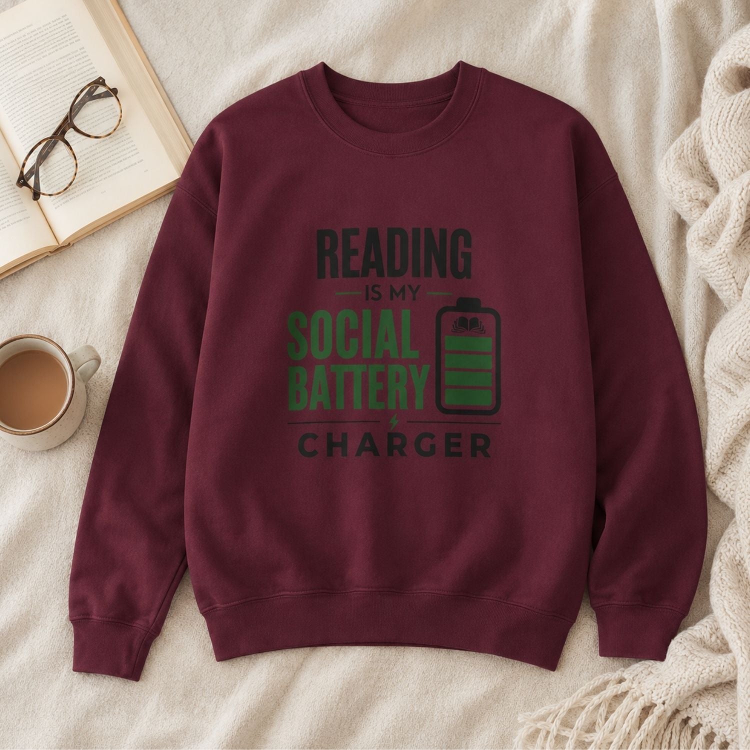 “Reading Is My Social Battery Charger” Cozy Reader Sweatshirt