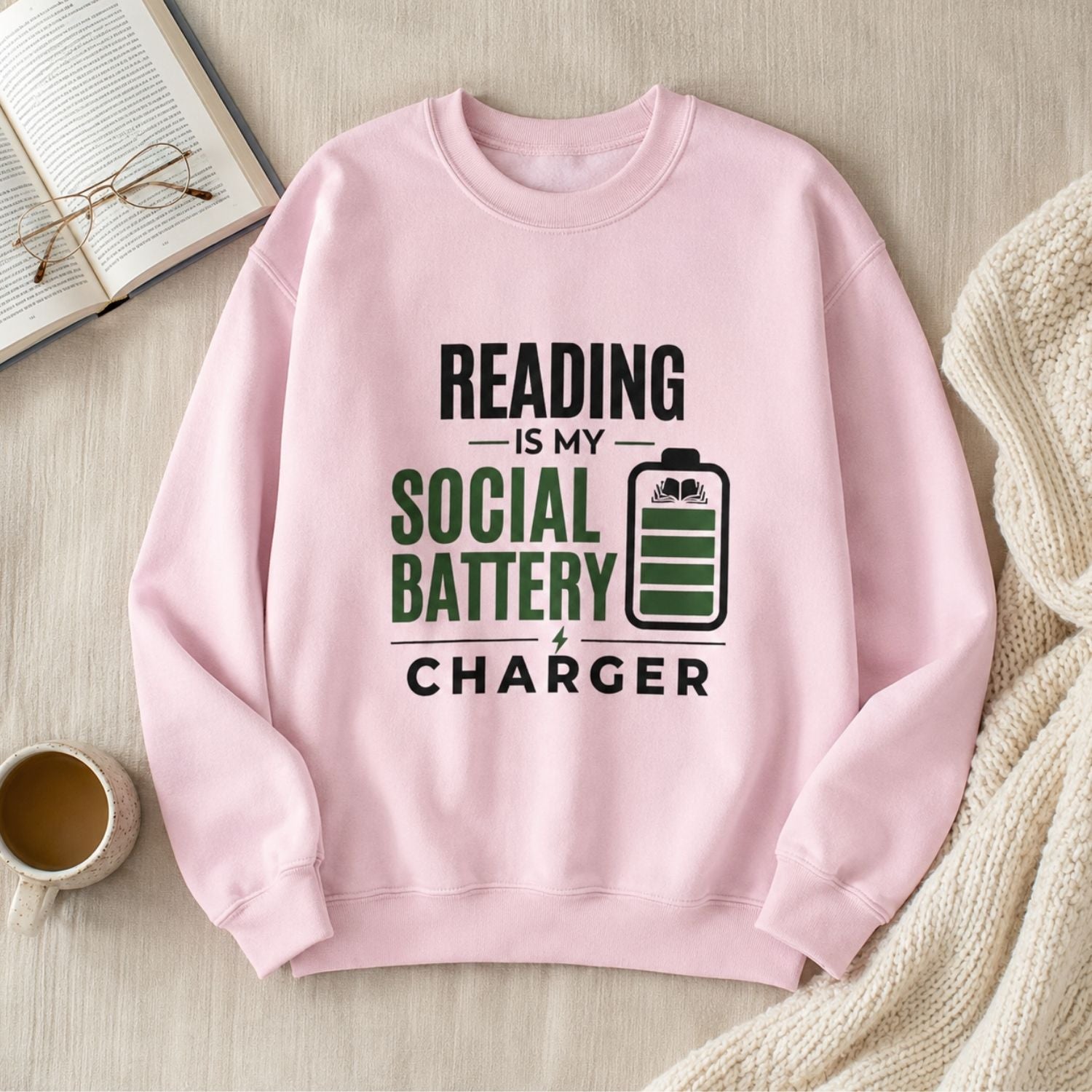 “Reading Is My Social Battery Charger” Cozy Reader Sweatshirt