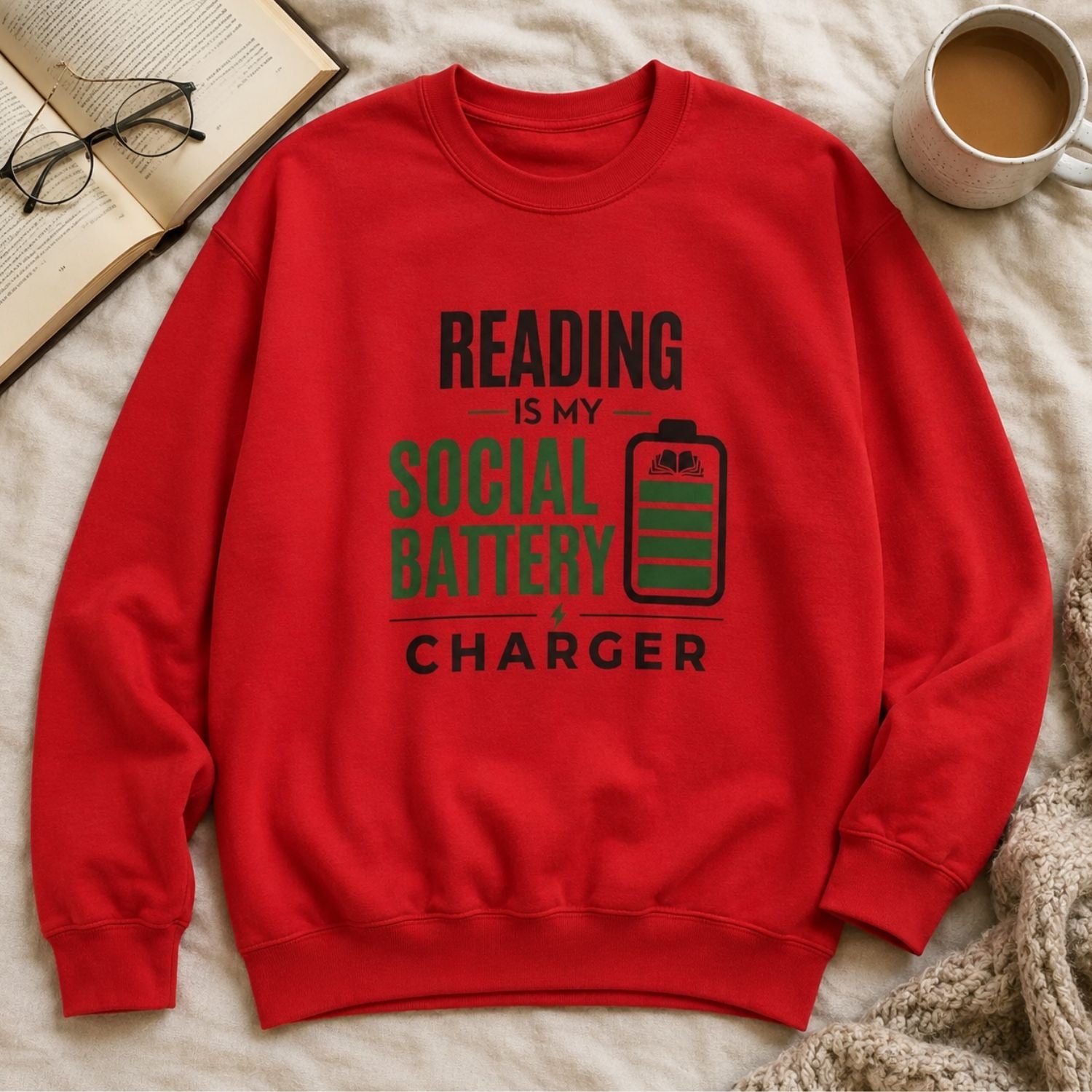 “Reading Is My Social Battery Charger” Cozy Reader Sweatshirt