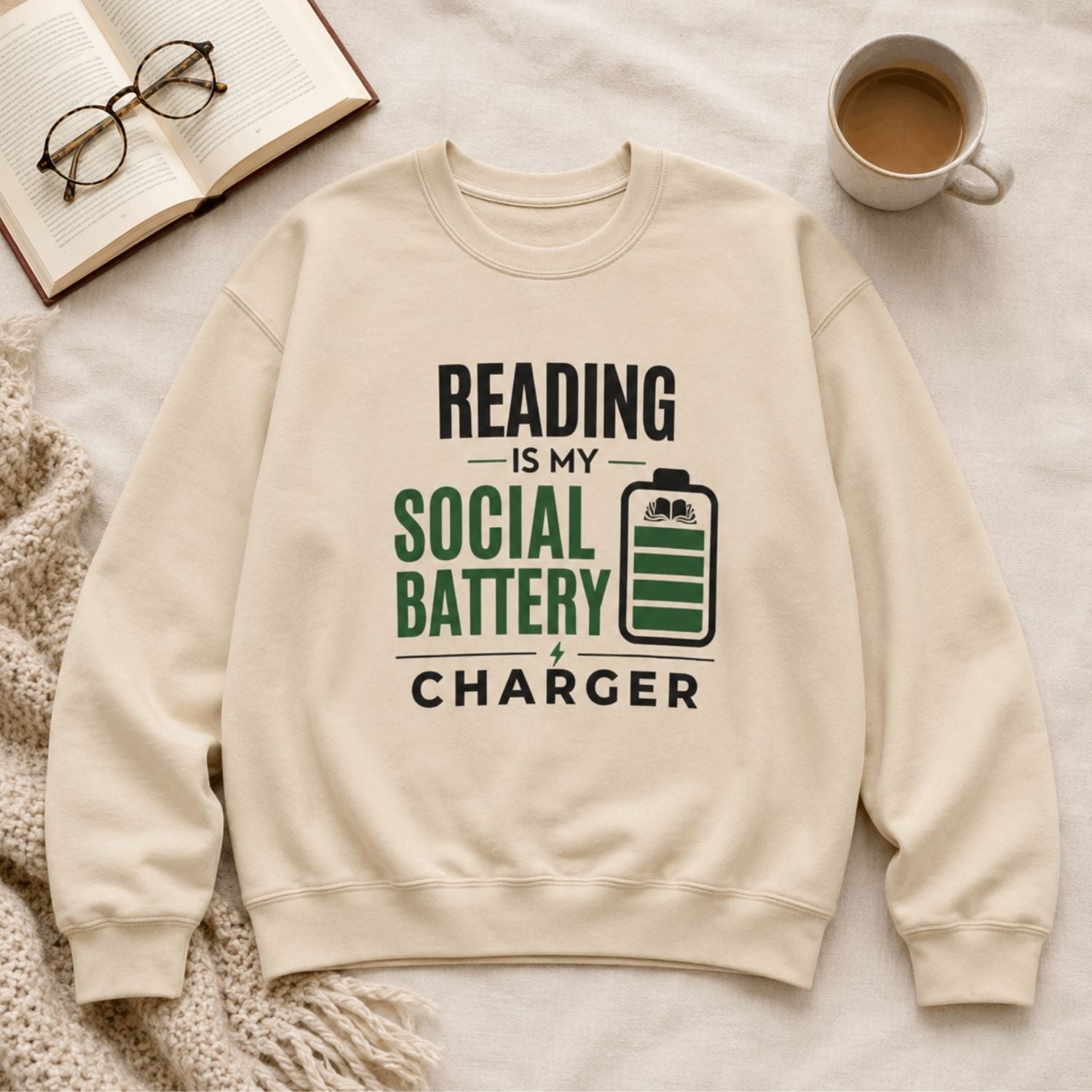 “Reading Is My Social Battery Charger” Cozy Reader Sweatshirt