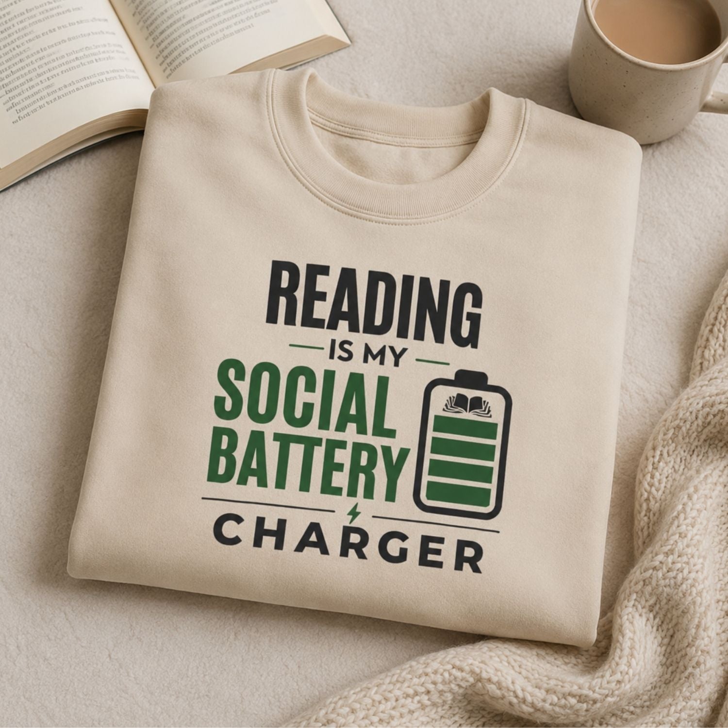 “Reading Is My Social Battery Charger” Cozy Reader Sweatshirt