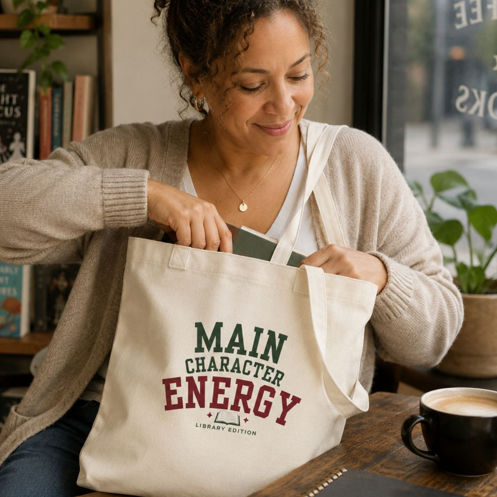“Main Character Energy: Library Edition” Book Lover Tote Bag