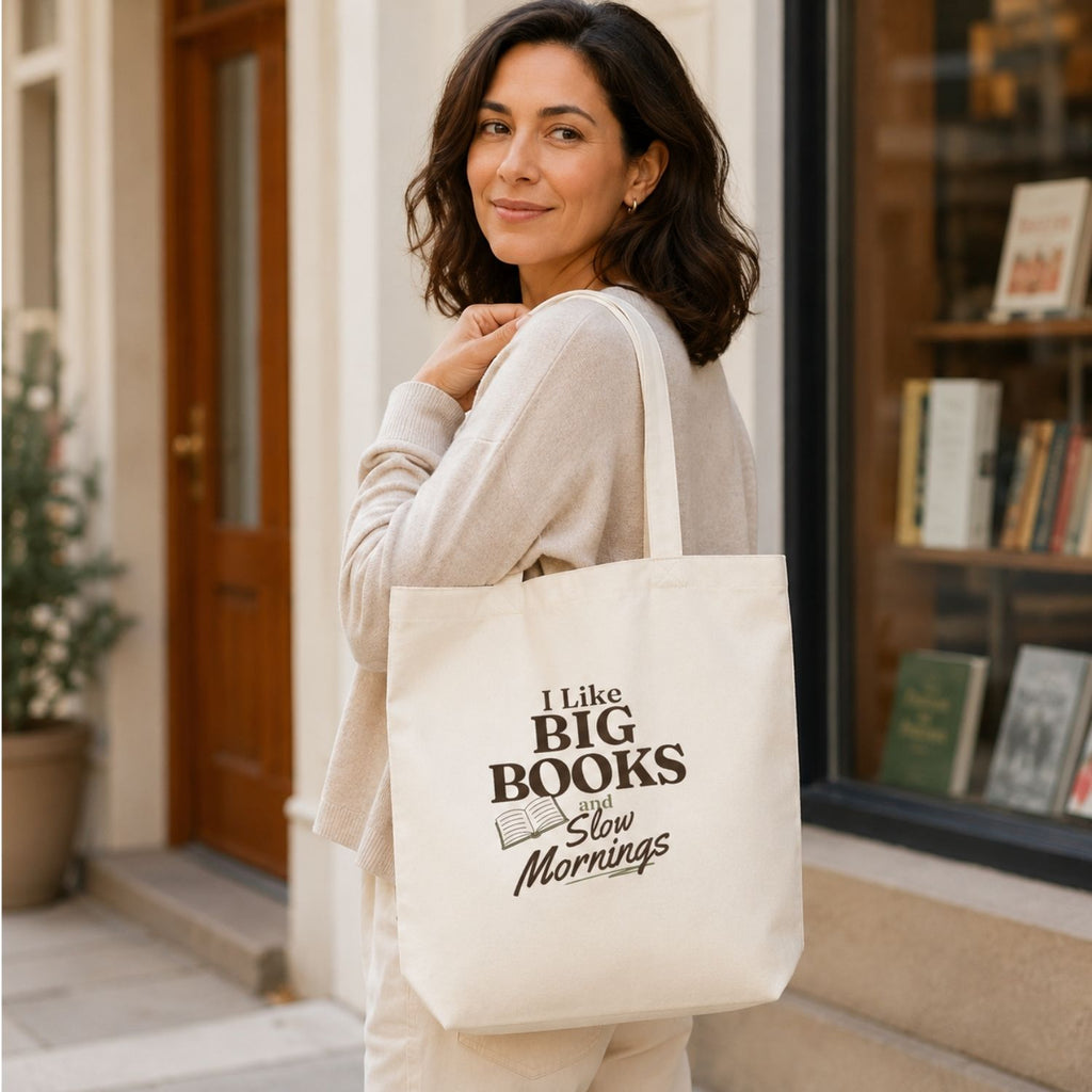 “I Like Big Books and Slow Mornings” Book Lover Tote Bag