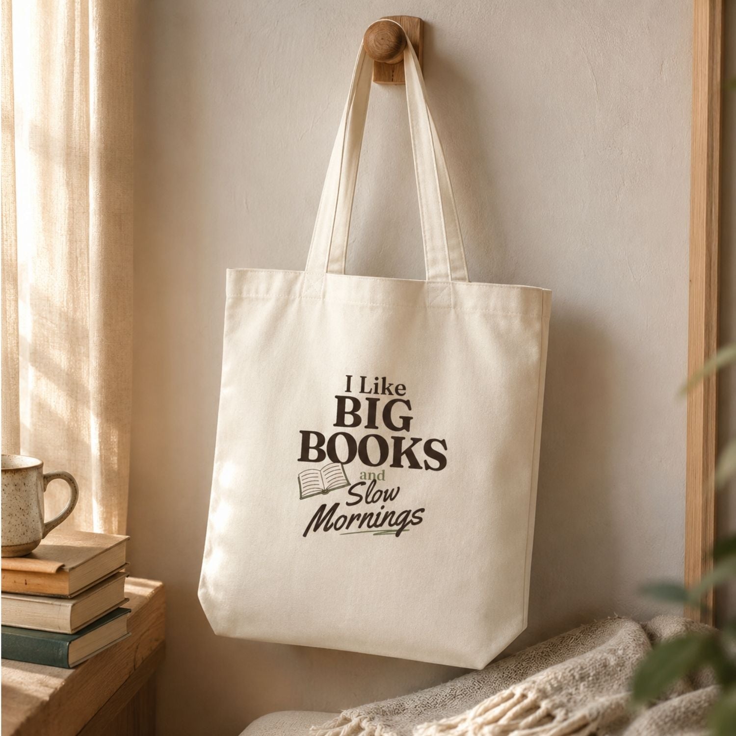 “I Like Big Books and Slow Mornings” Book Lover Tote Bag