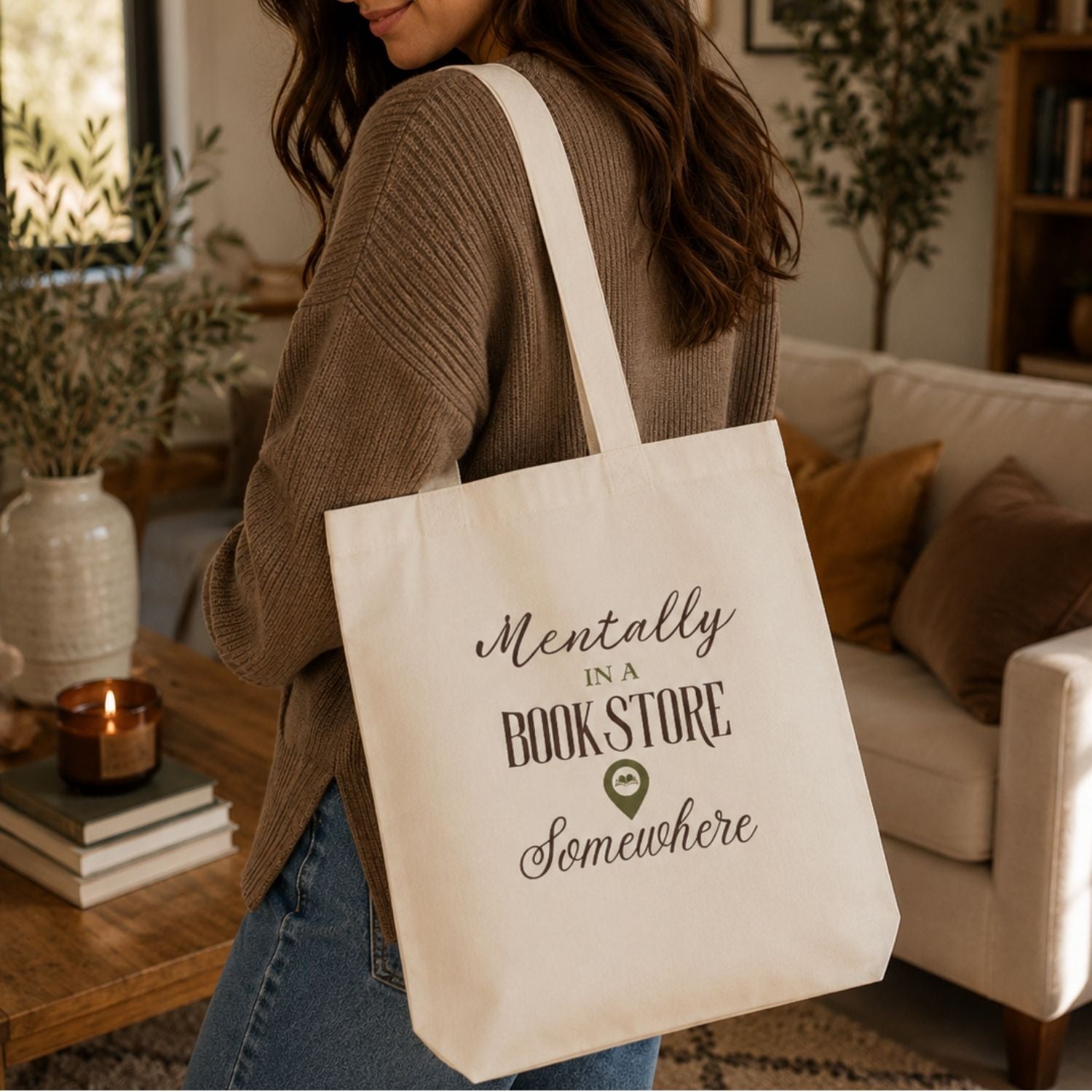 “Mentally in a Bookstore Somewhere” Book Lover Tote Bag