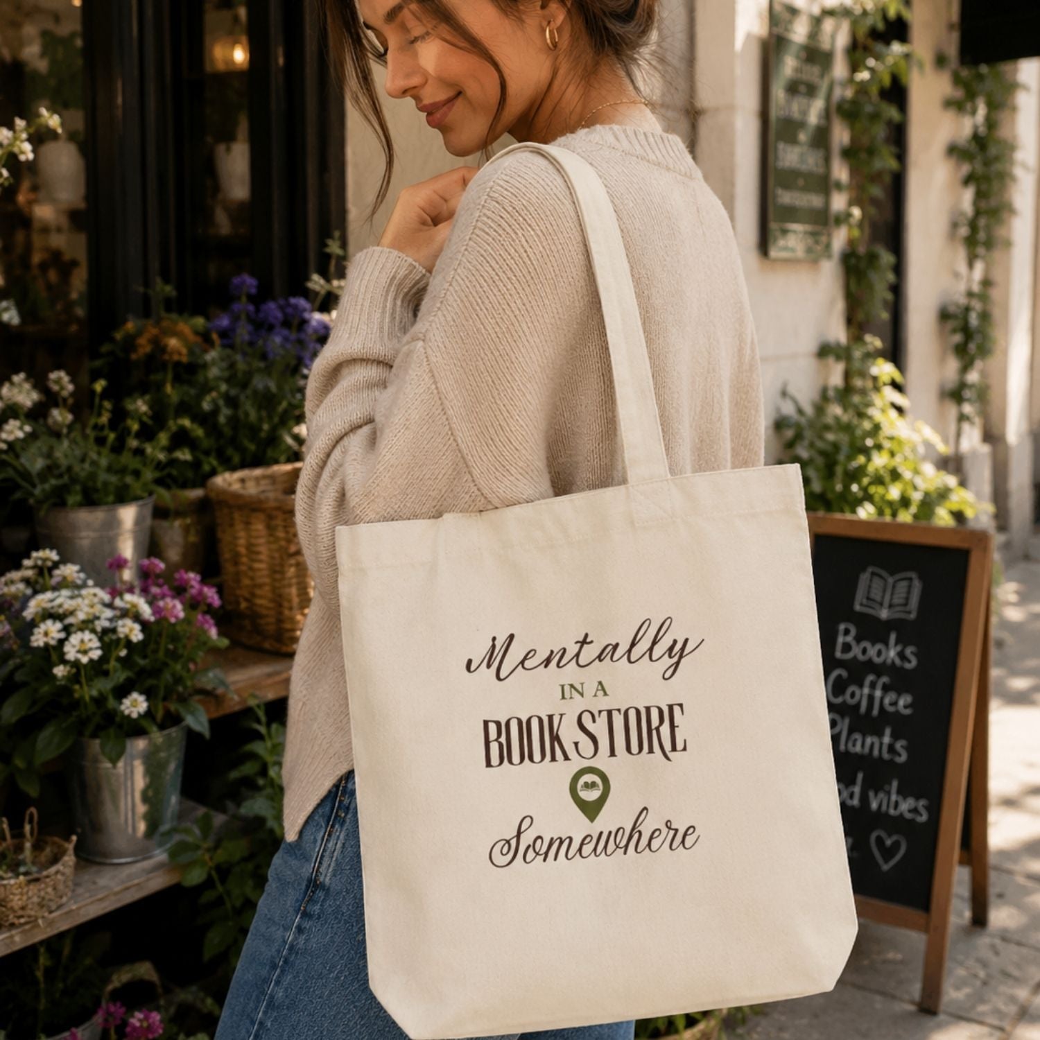 “Mentally in a Bookstore Somewhere” Book Lover Tote Bag