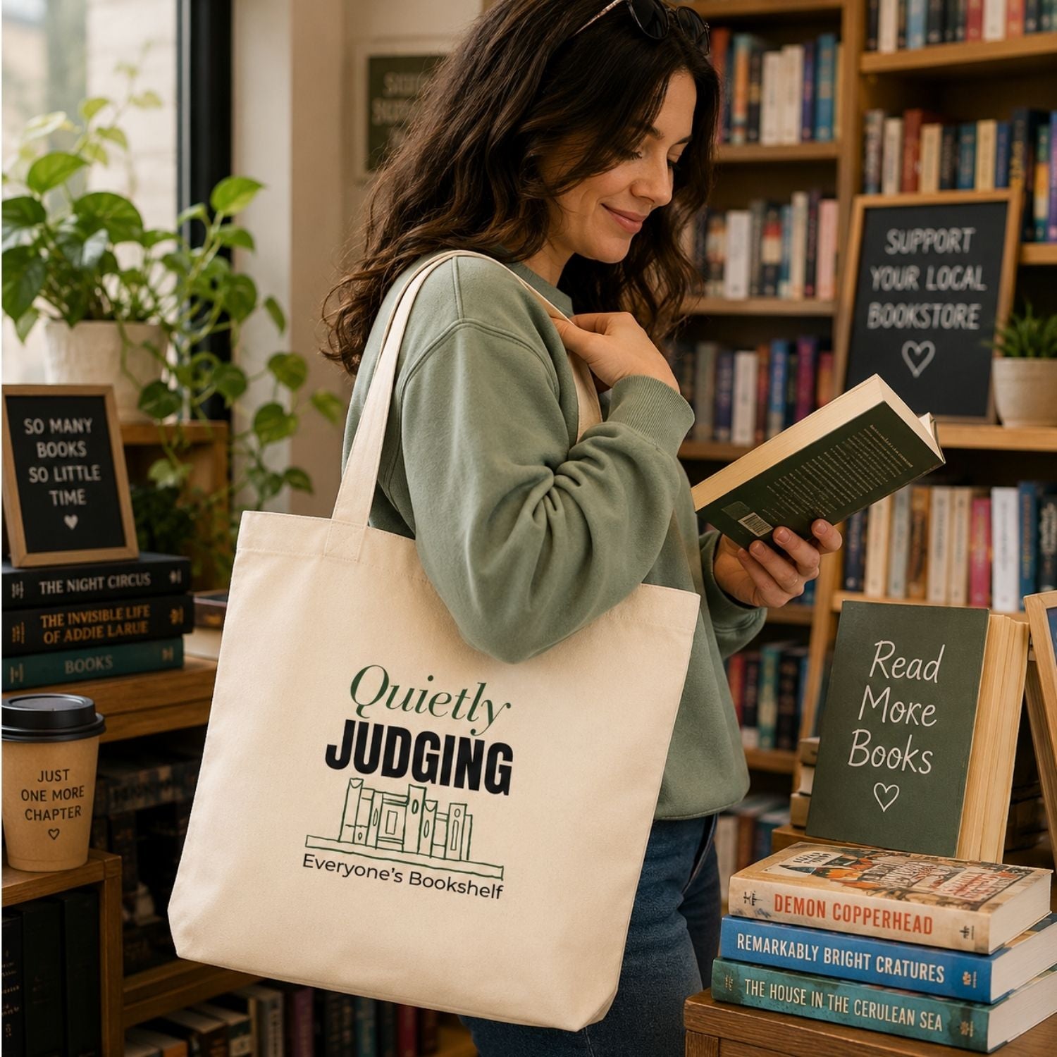 “Quietly Judging Everyone's Bookshelf” Book Lover Tote Bag