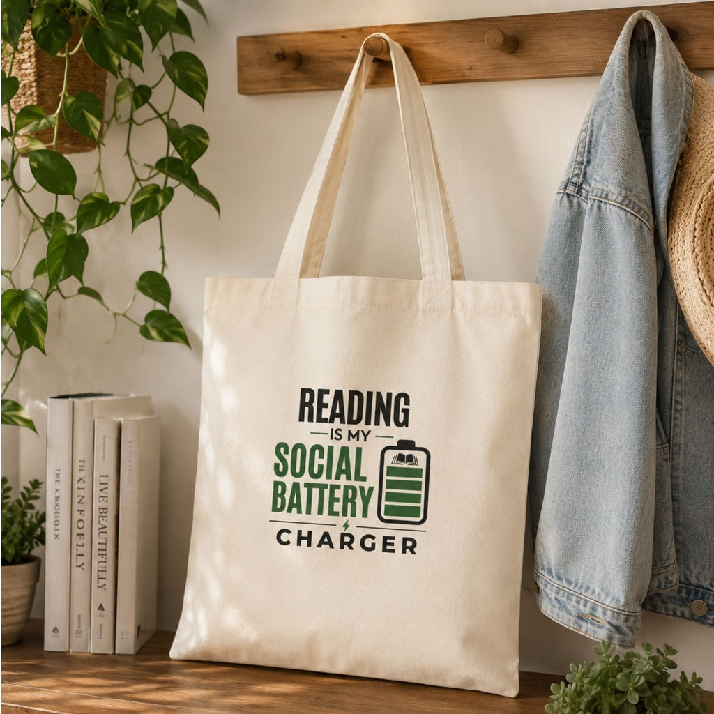 “Reading Is My Social Battery Charger” Book Lover Tote Bag