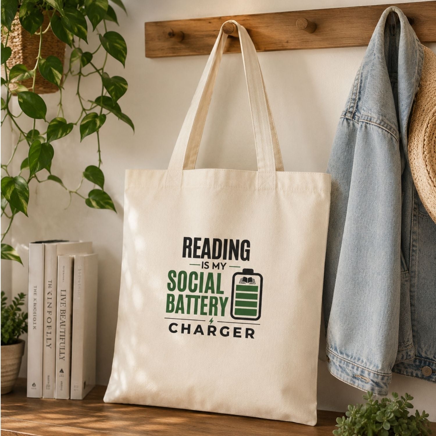 “Reading Is My Social Battery Charger” Book Lover Tote Bag