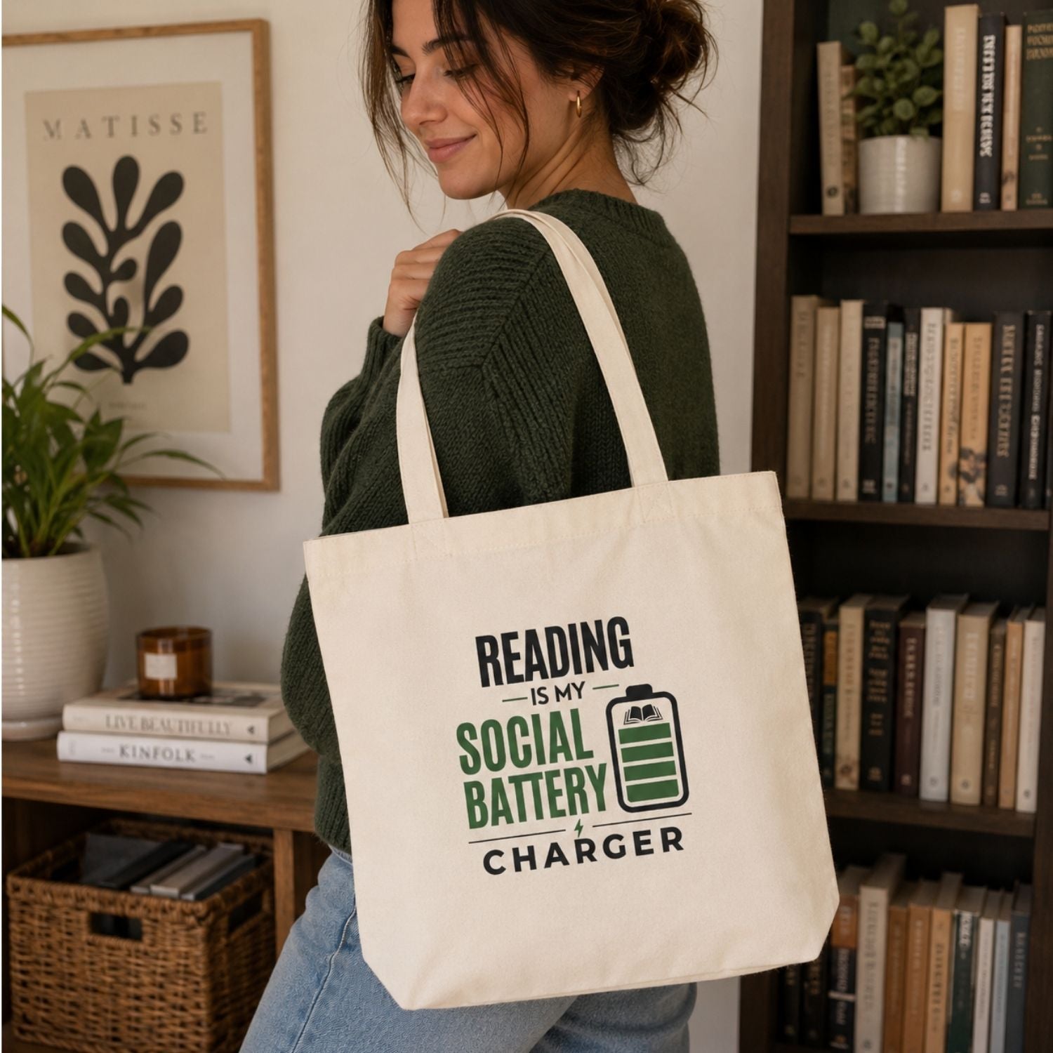 “Reading Is My Social Battery Charger” Book Lover Tote Bag