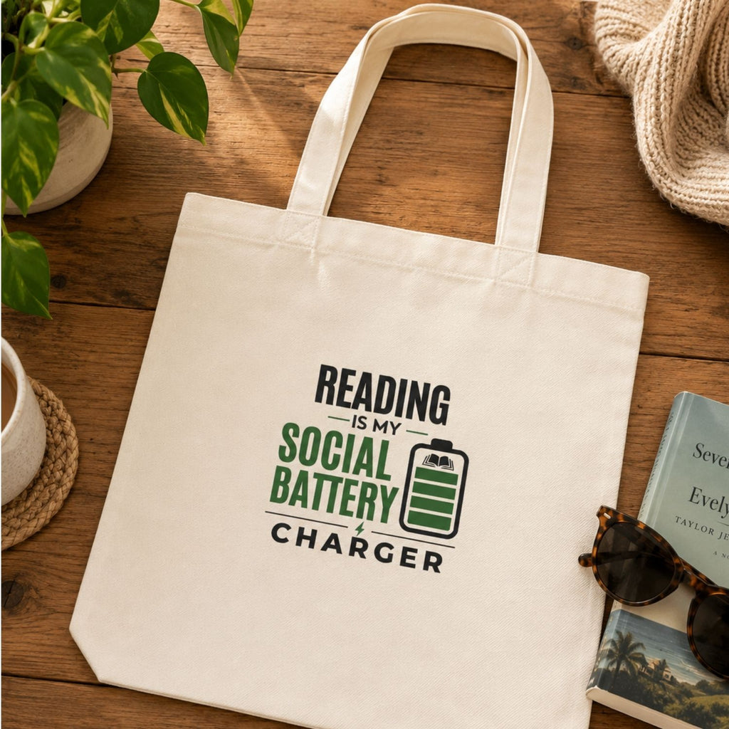 “Reading Is My Social Battery Charger” Book Lover Tote Bag