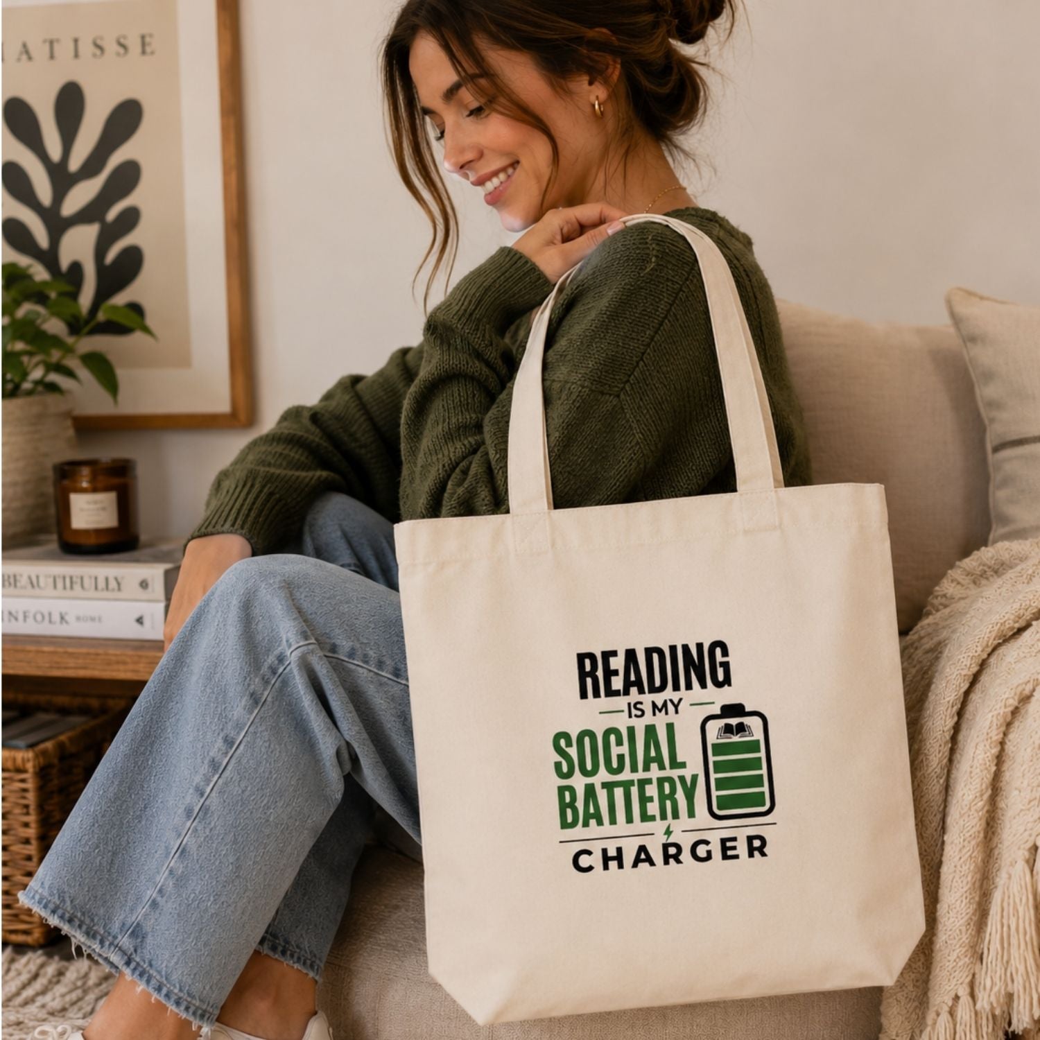 “Reading Is My Social Battery Charger” Book Lover Tote Bag