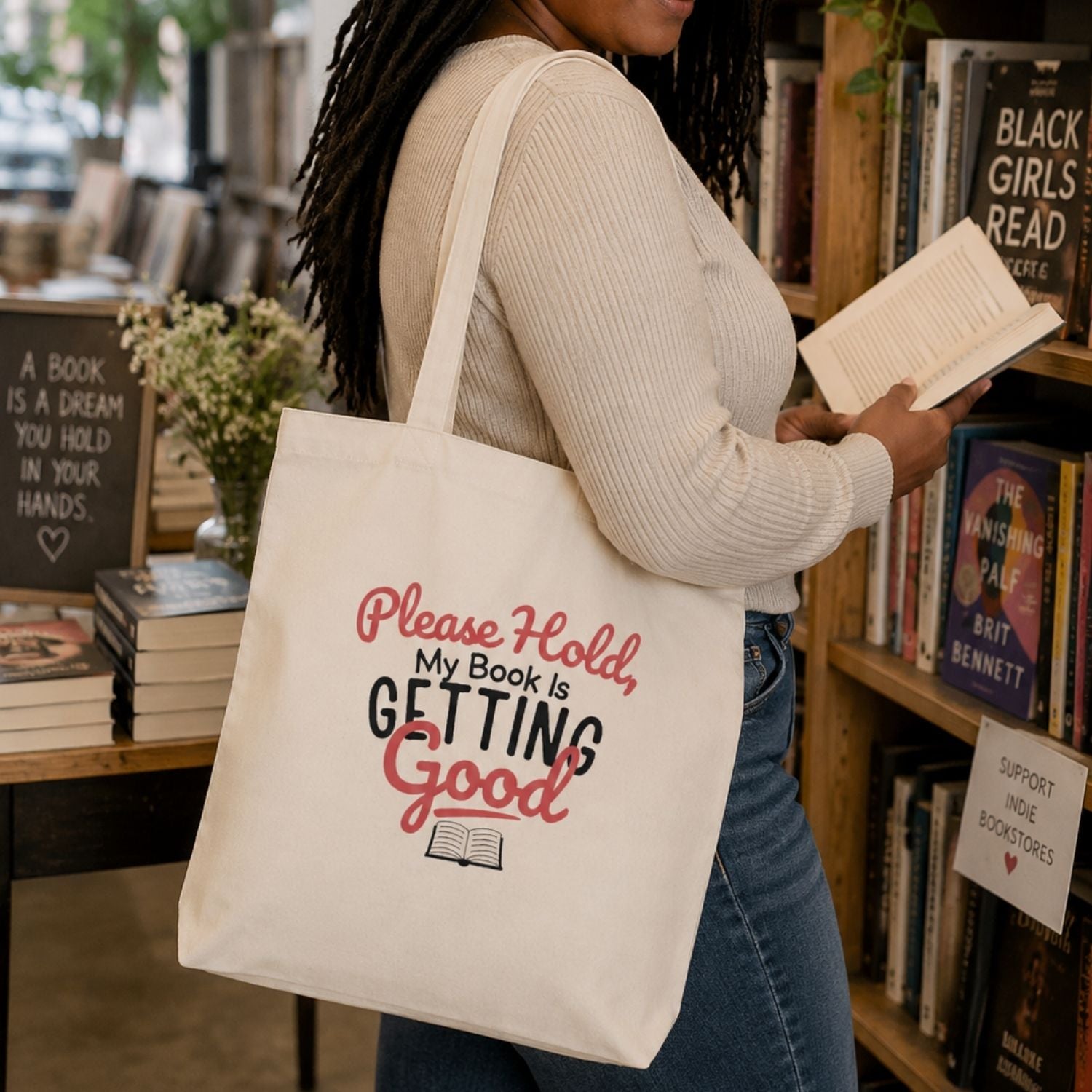 “Please Hold, My Book Is Getting Good” Book Lover Tote Bag