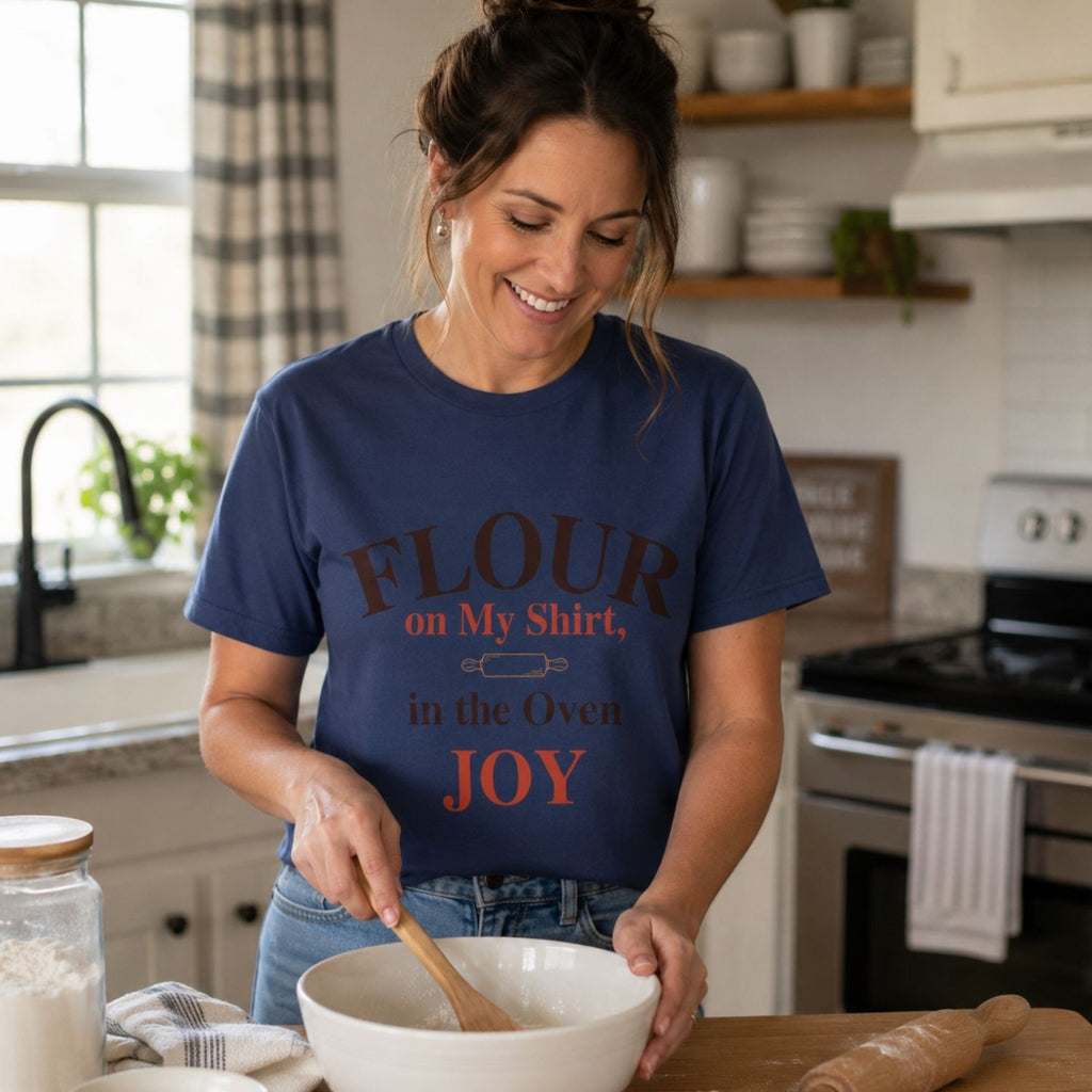 “Flour on My Shirt, Joy in the Oven” Funny Baking Lover T-Shirt