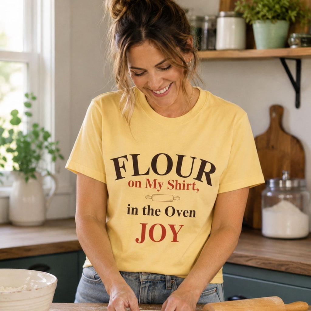 “Flour on My Shirt, Joy in the Oven” Funny Baking Lover T-Shirt