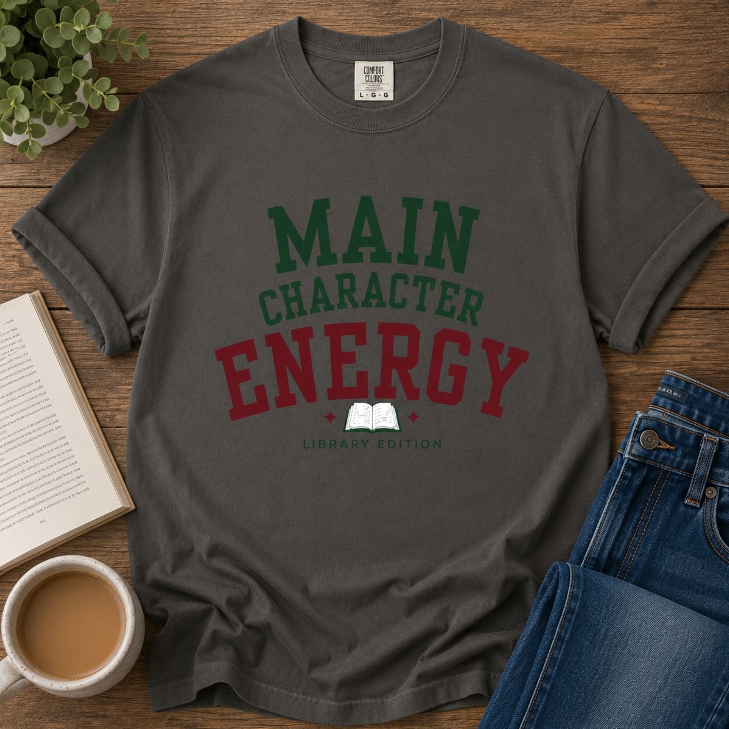 “Main Character Energy: Library Edition” Funny Reading Lover T-Shirt