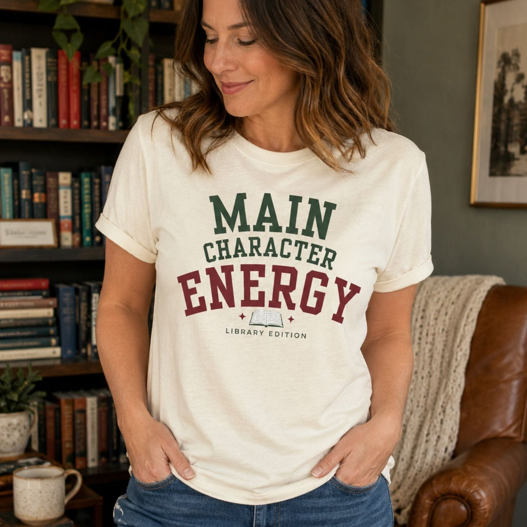 “Main Character Energy: Library Edition” Funny Reading Lover T-Shirt