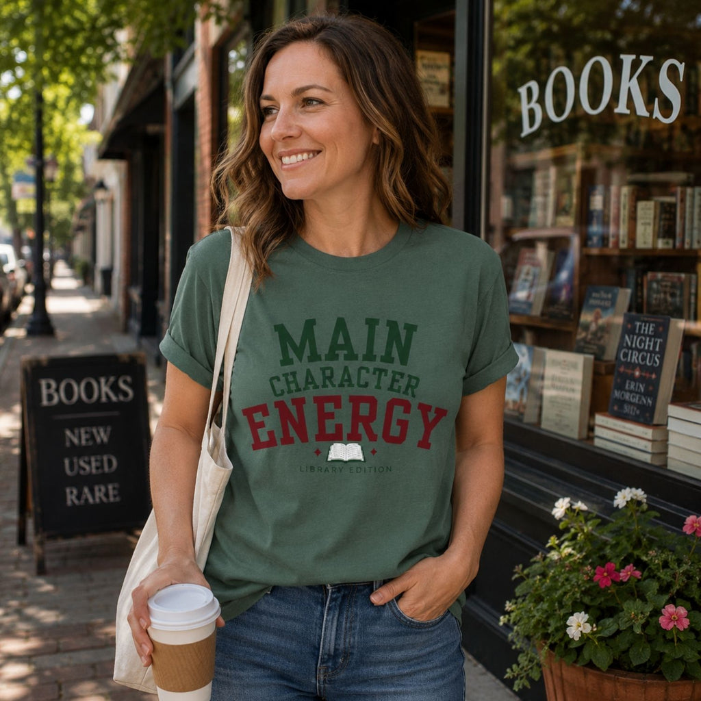 “Main Character Energy: Library Edition” Funny Reading Lover T-Shirt