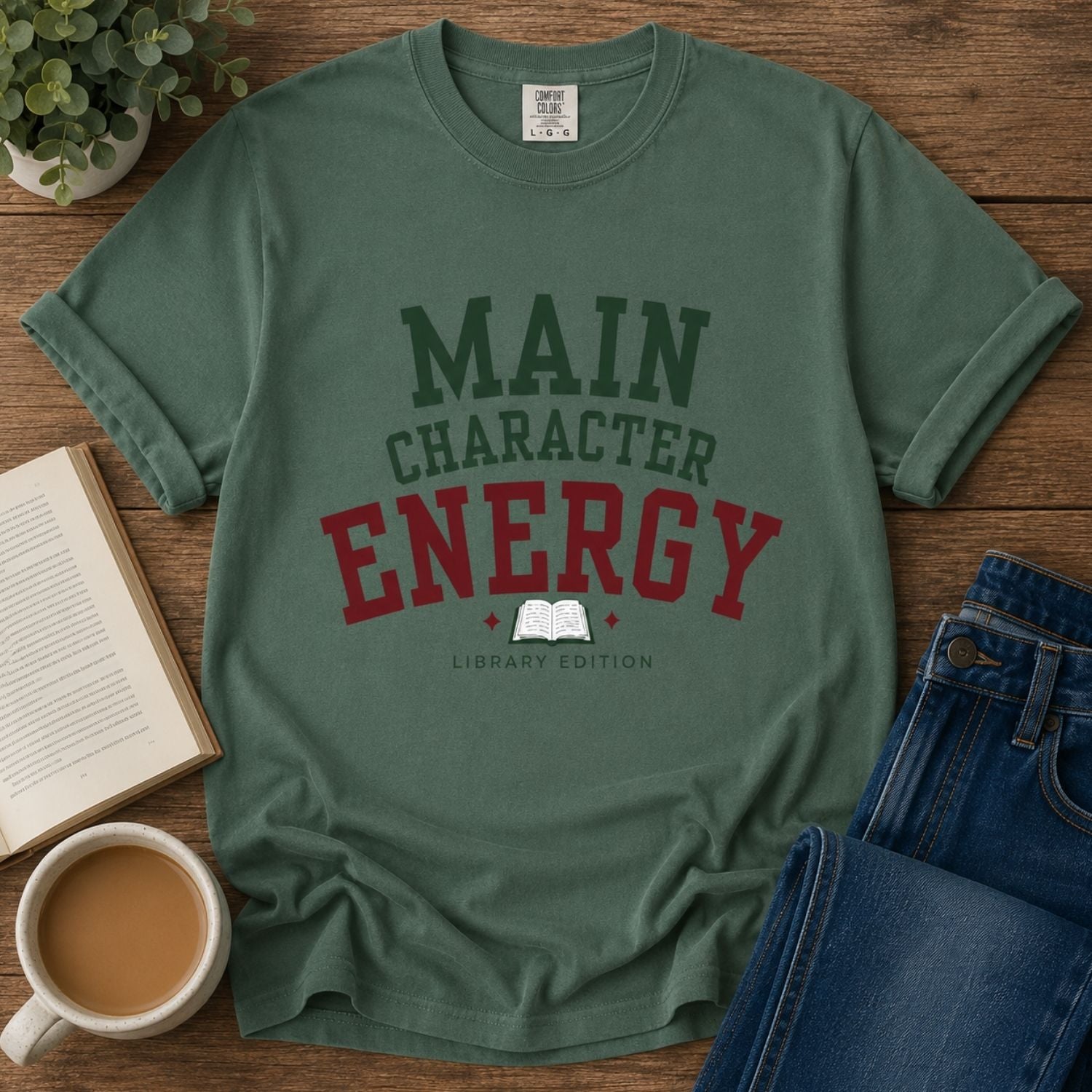“Main Character Energy: Library Edition” Funny Reading Lover T-Shirt