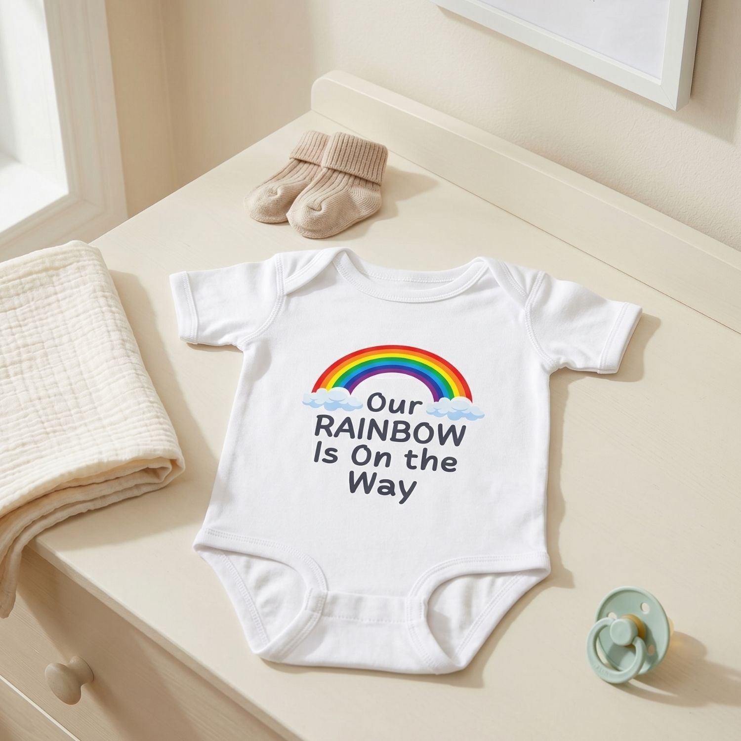"Our Rainbow Is On the Way" Baby Bodysuit