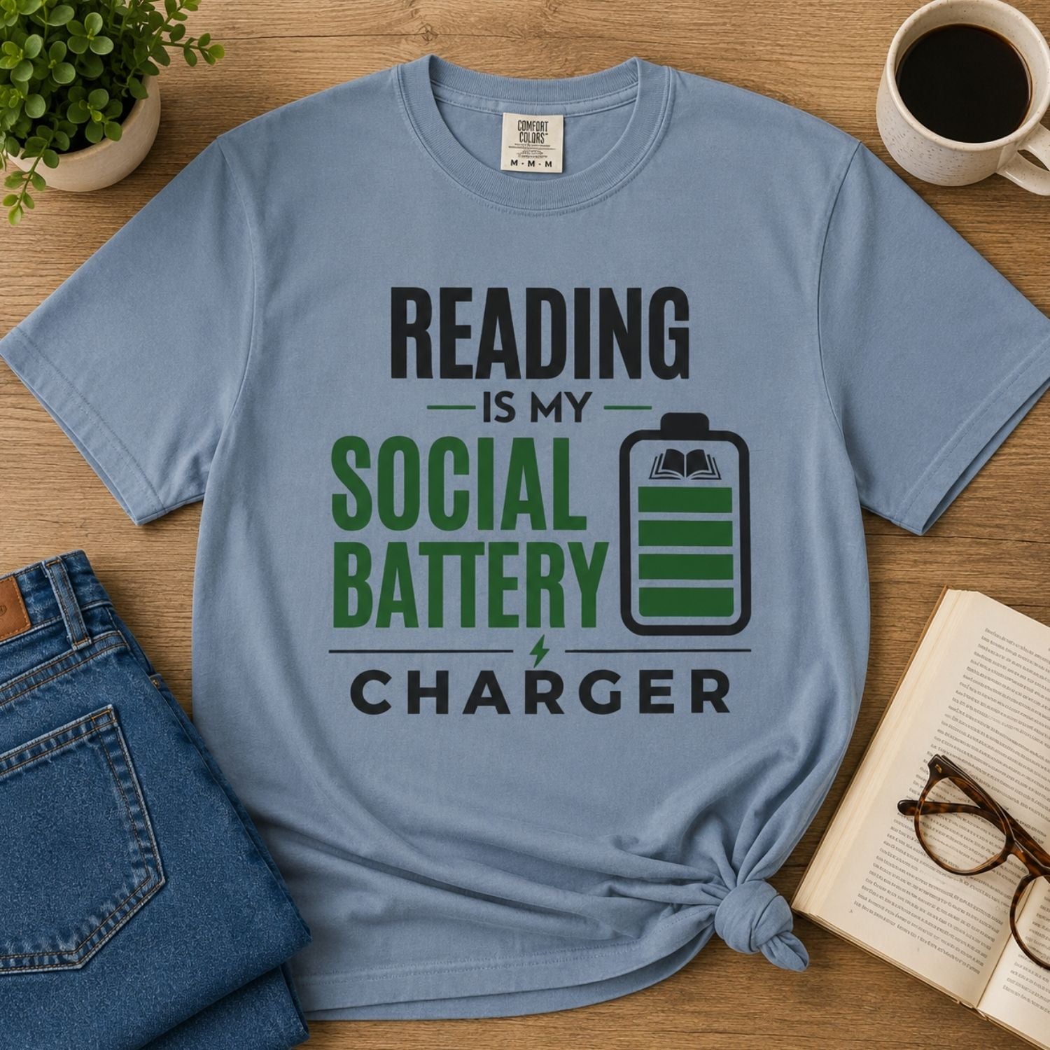 “Reading Is My Social Battery Charger” Funny Reading Lover T-Shirt