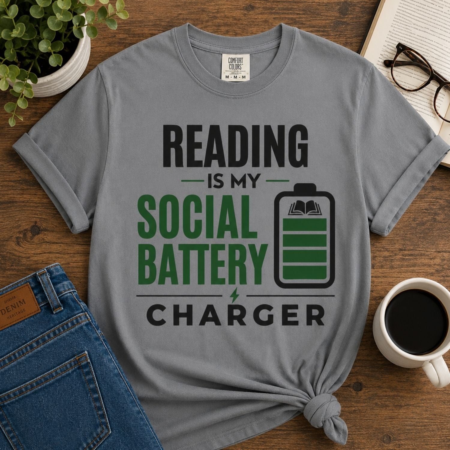 “Reading Is My Social Battery Charger” Funny Reading Lover T-Shirt