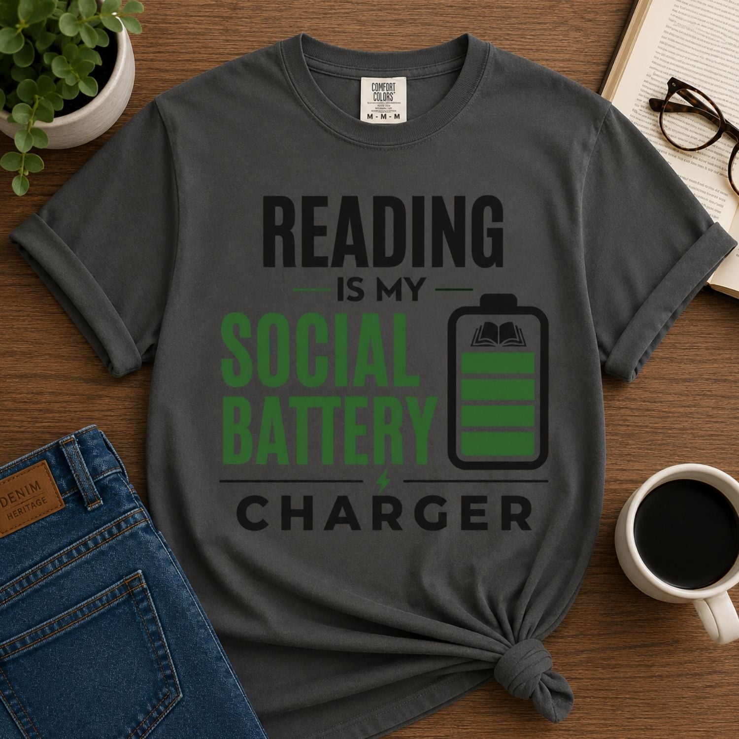 “Reading Is My Social Battery Charger” Funny Reading Lover T-Shirt