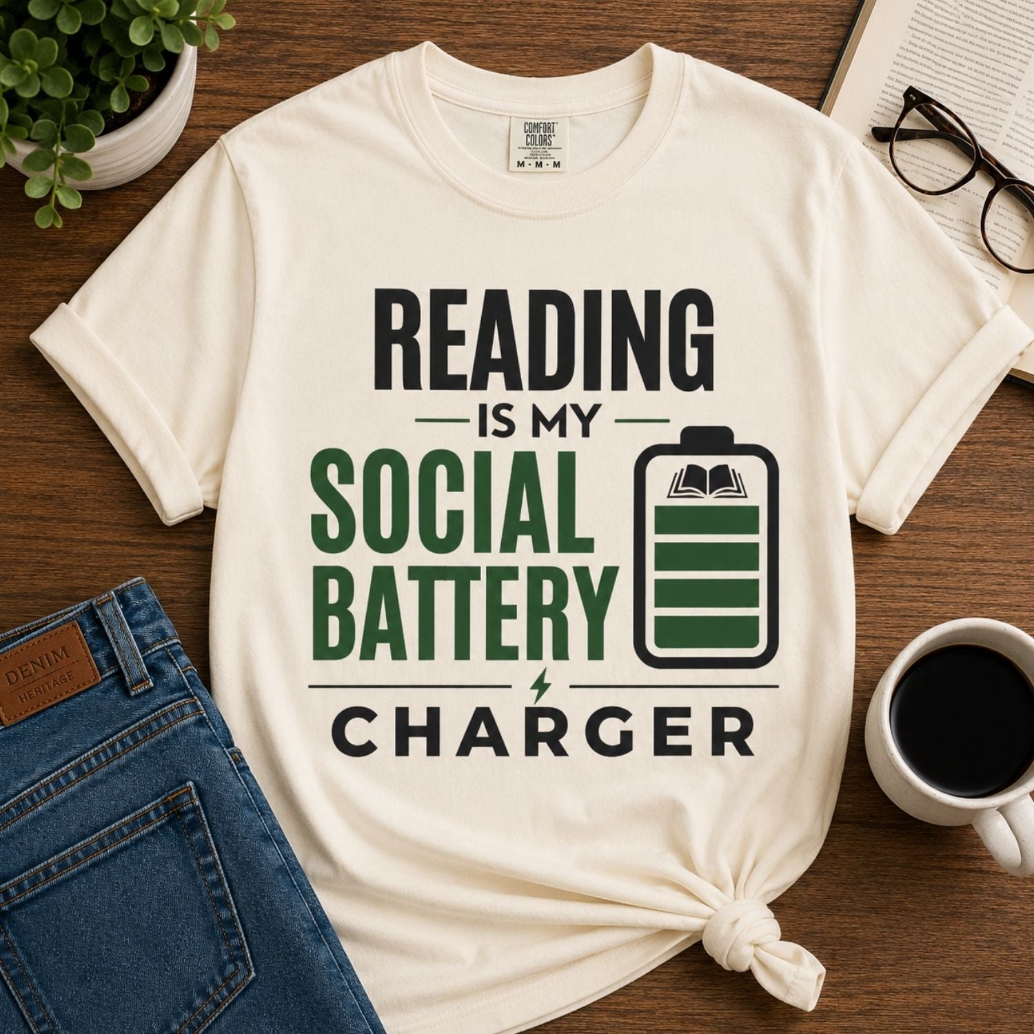 “Reading Is My Social Battery Charger” Funny Reading Lover T-Shirt