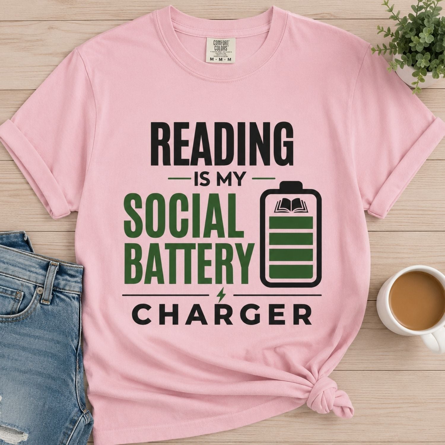“Reading Is My Social Battery Charger” Funny Reading Lover T-Shirt