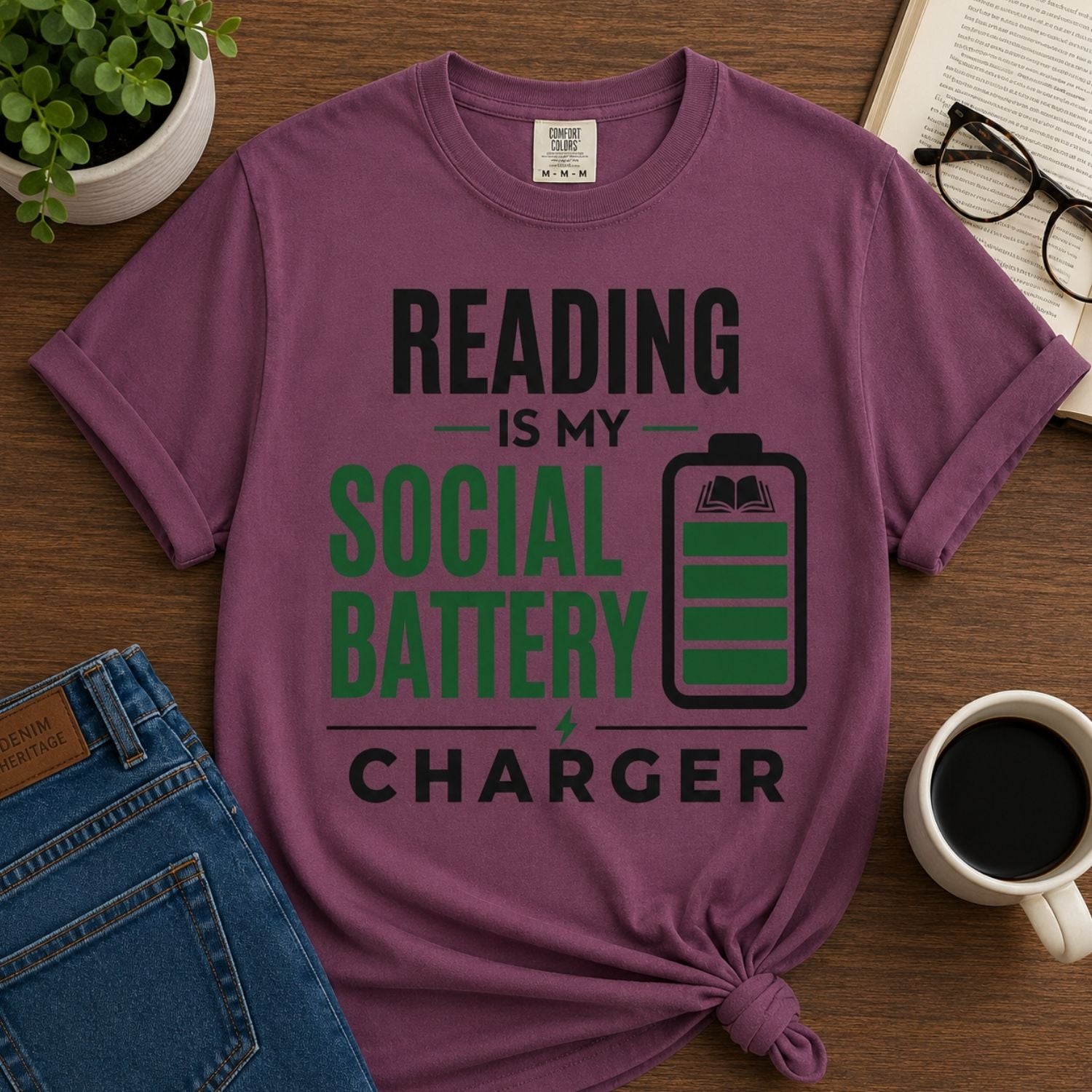 “Reading Is My Social Battery Charger” Funny Reading Lover T-Shirt