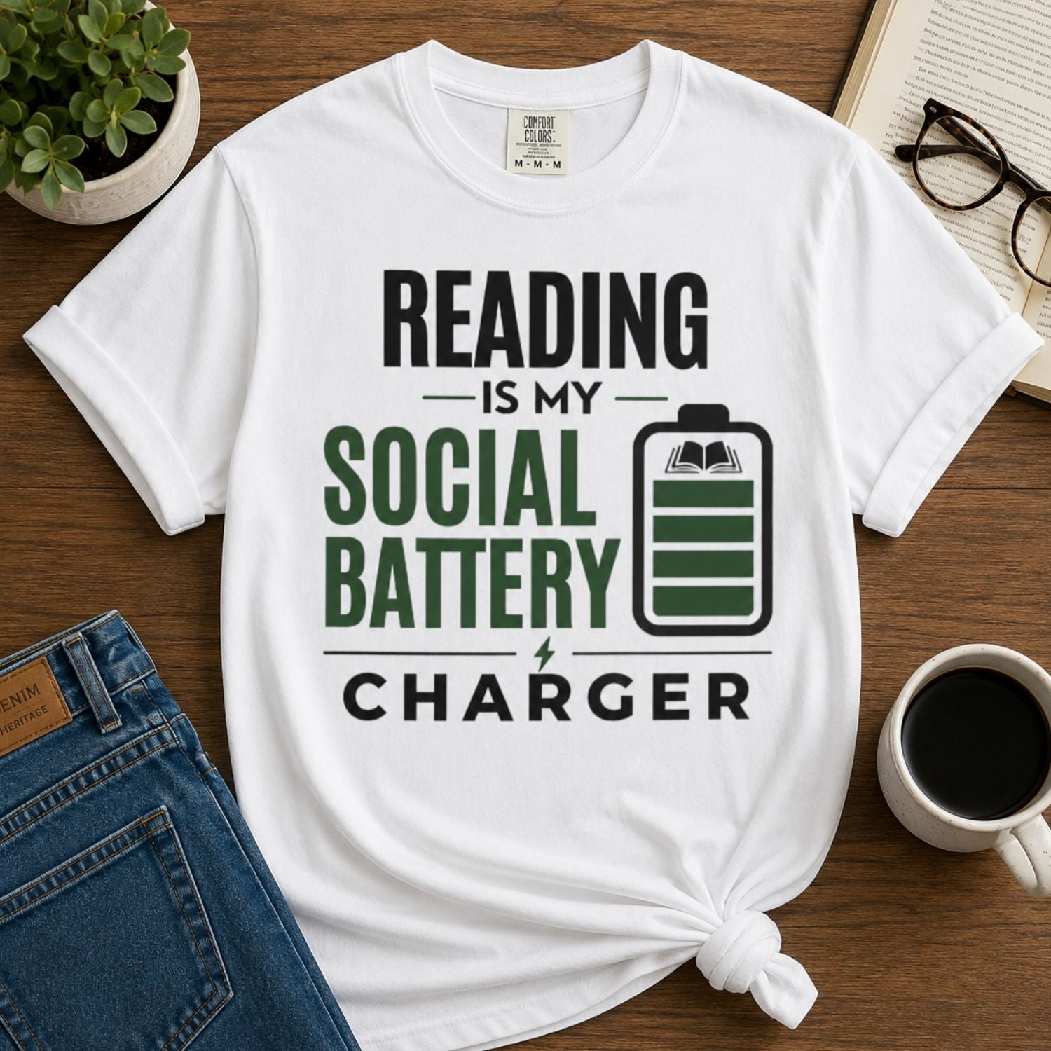 “Reading Is My Social Battery Charger” Funny Reading Lover T-Shirt